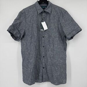 NEW Perry Ellis Mens Linen Blend Short Sleeve Shirt Dark Sapphire Blue Large